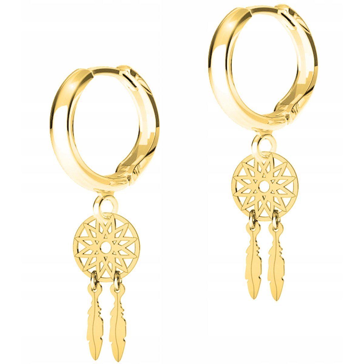 Złote Kolczyki Łapacze Snów z Piórkami Gwiazdki Pióra Piórka SREBRO 925