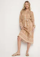 Sukienki - Beżowa Sukienka we Wzory Boho Pudełkowa z Paskiem w Talii Lisanea - miniaturka - grafika 1