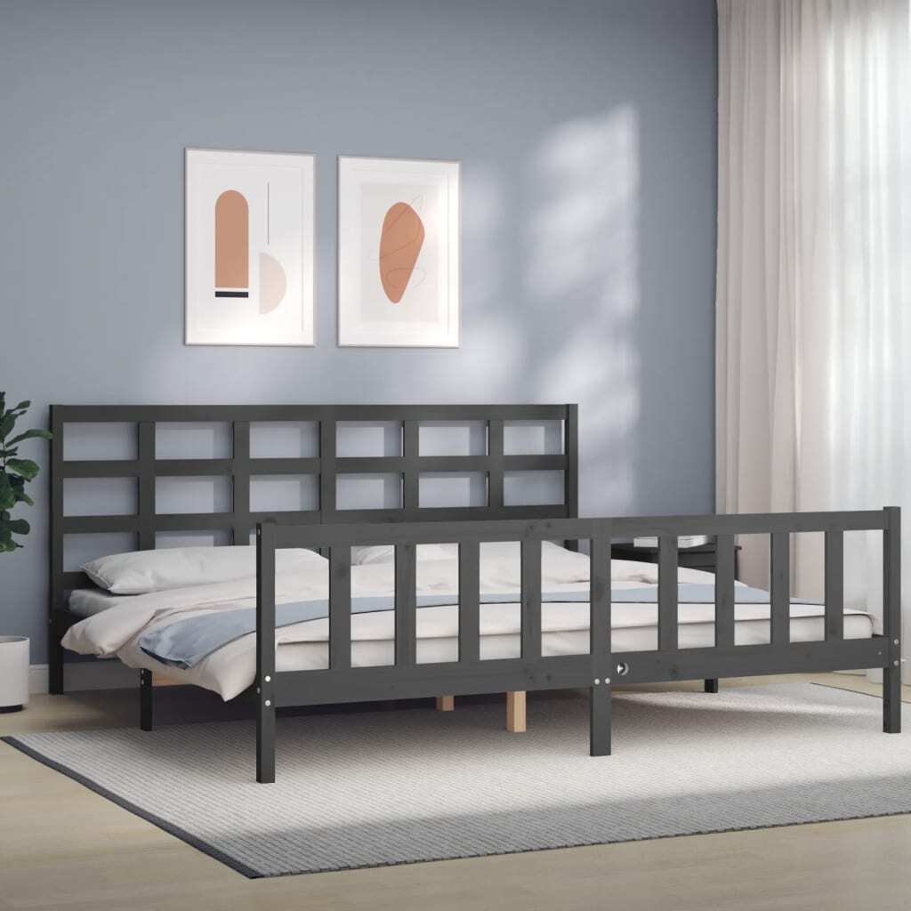 Łóżko z litego drewna z szarym zagłówkiem 200x200 cm