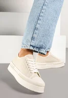 Trampki damskie - Beżowe Trampki na Platformie z Naszywką na Boku Alimiora - miniaturka - grafika 1