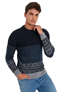 Swetry męskie - Trendyol Męska bluza z okrągłym dekoltem geometryczny wzór regularny sweter bluza, granatowy, S - grafika 1