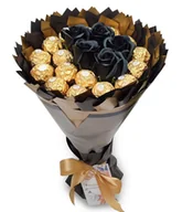 Zestawy upominkowe - Słodki bukiet czarny i złoty ze słodyczy Ferrero Rocher i 5 mydlanych róż w środku (średnica 20 cm) - miniaturka - grafika 1