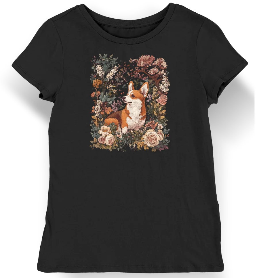 Koszulka damska vintage corgi kwiaty czarna M