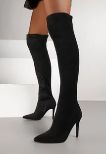 Czarne Marszczone Kozaki Vices z Imitacji Zamszu na Szpilce z Noskiem w Szpic Caldissa - Kozaki damskie - miniaturka - grafika 1