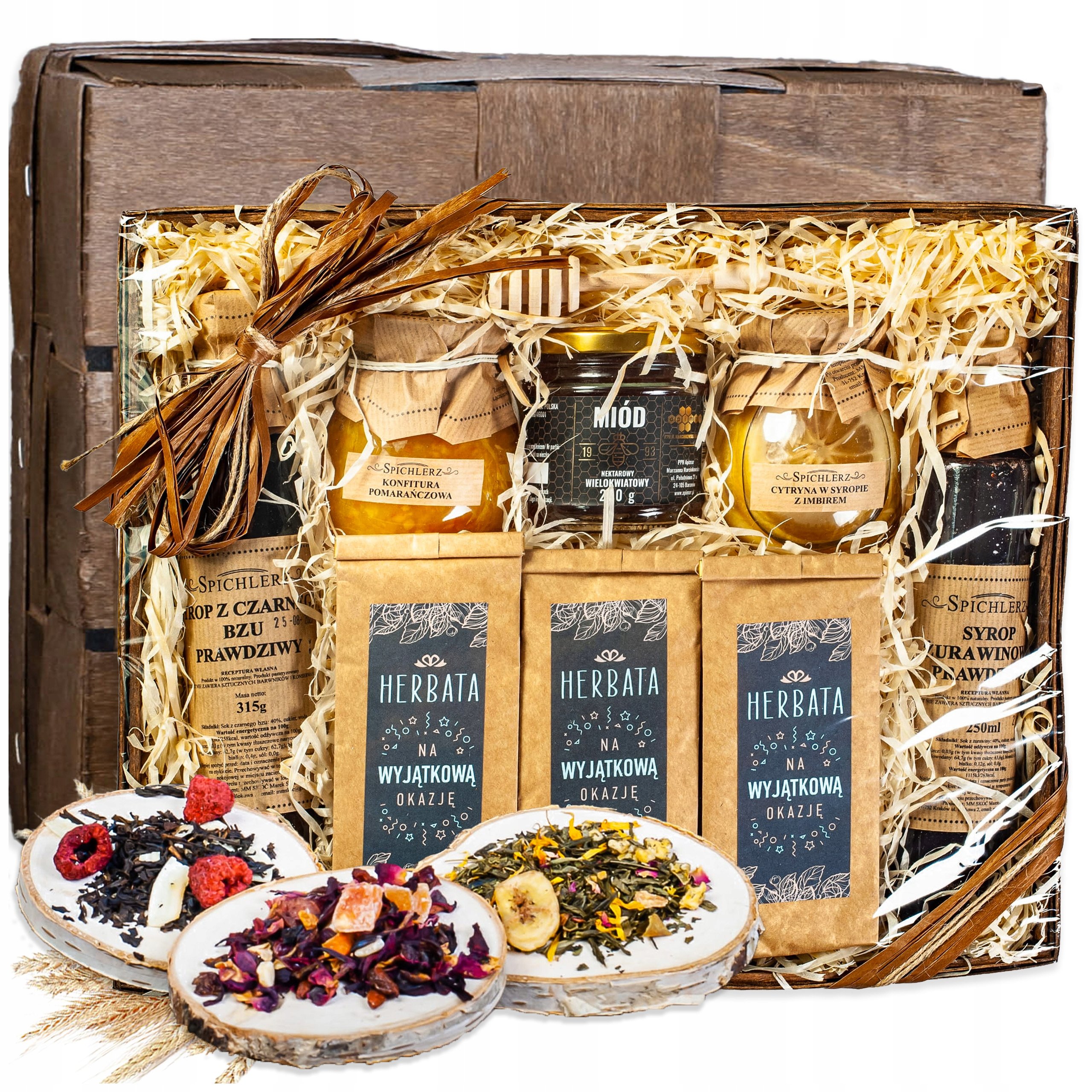Kosz Prezentowy herbaty syrop konfitury miód Zestaw Dzień Babci I Dziadka