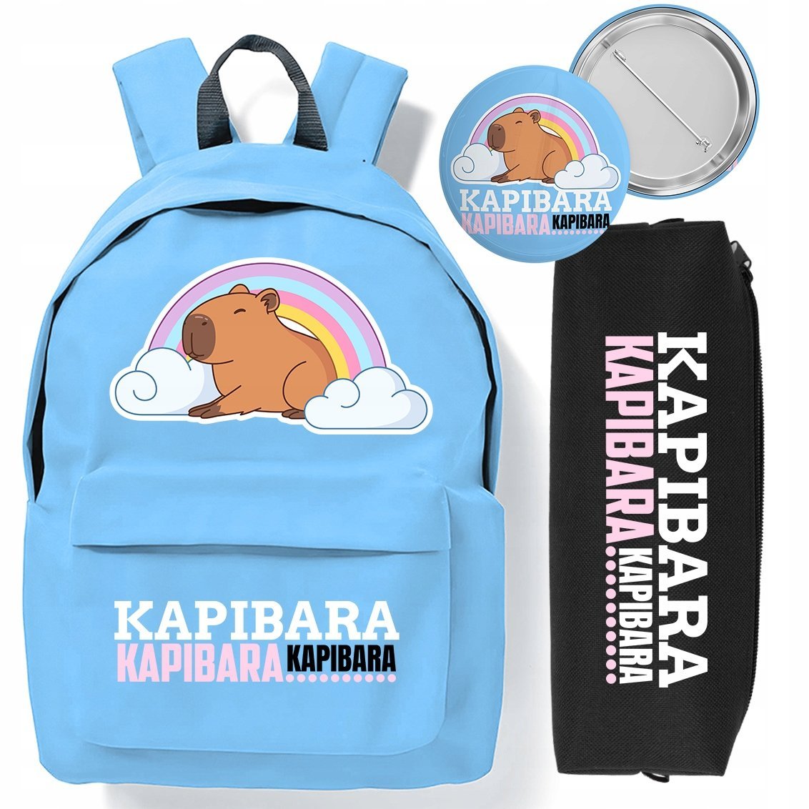 ZESTAW PLECAK NIEBIESKI PIÓRNIK PRZYPINKA KAPIBARA TREND MODNE SŁODKIE