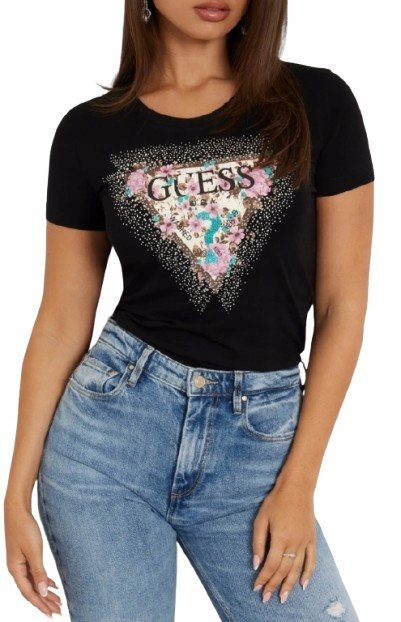Guess Czarny T Shirt Damski z Cekinami Okrągły Dekolt Bawełna L Gmb
