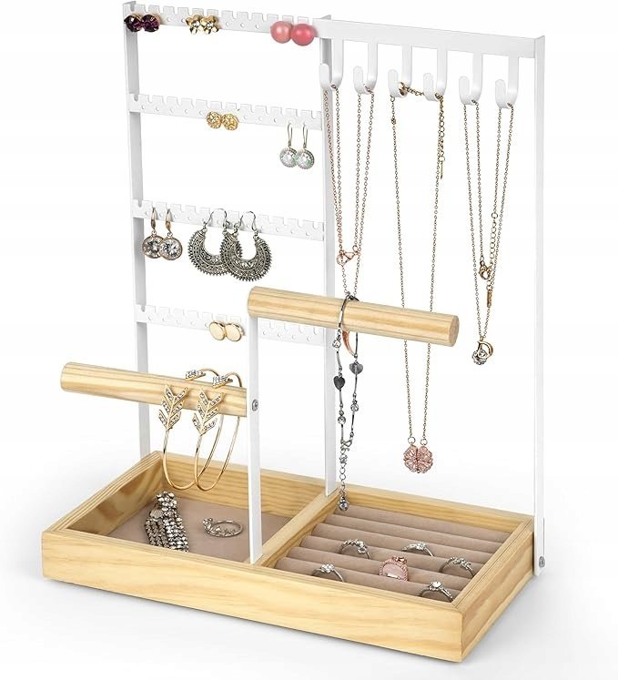 STOJAK NA BIŻUTERIĘ ORGANIZER EKSPOZYTOR NASZYJNIKI PIERŚCIONKI BRANSOLETKI