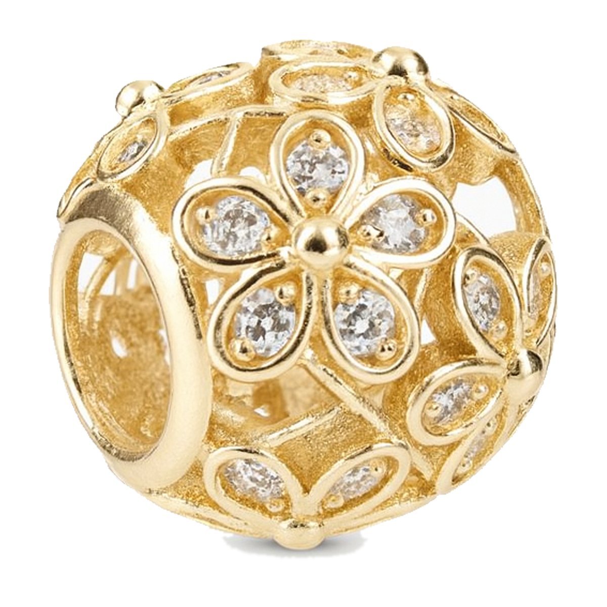 Złoty Charms Okrągły Beads Kwiatki Korlaik Kwiaty z Cyrkoniami SREBRO 925