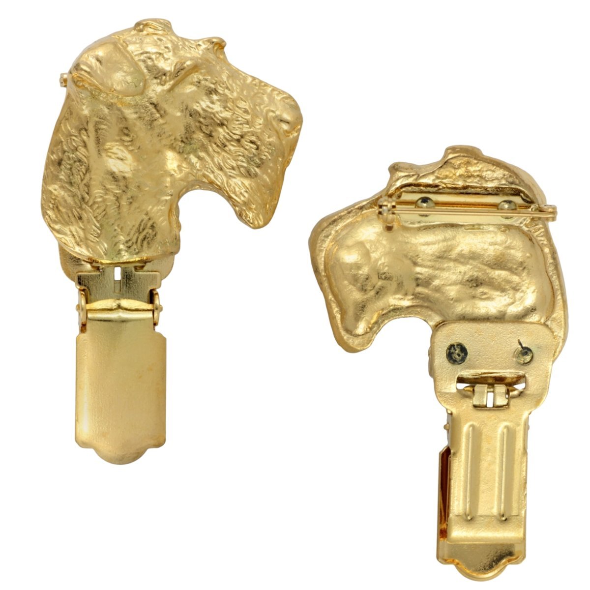 Airedale Terrier, Waterside Terrier - broszka z klipsem, pozłacany uchwyt na numer startowy, prezent na wystawę psów marki Art-Dog