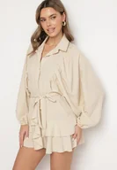 Sukienki - Beżowa Sukienka Ozdobiona Paskiem i Falbanami Divilena - miniaturka - grafika 1