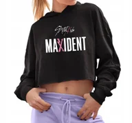 Bluzy damskie - Bluza Damska Czarna Krótka Z Kapturem MAXIDENT Crop Hit KPOP - Rozmiar L - miniaturka - grafika 1