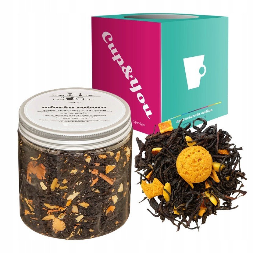 Czarna herbata WŁOSKA ROBOTA migdały cynamonowiec skórka pomarańczy 140g - sypana liściasta herbata PREMIUM na prezent upominek podarunek Cup&You