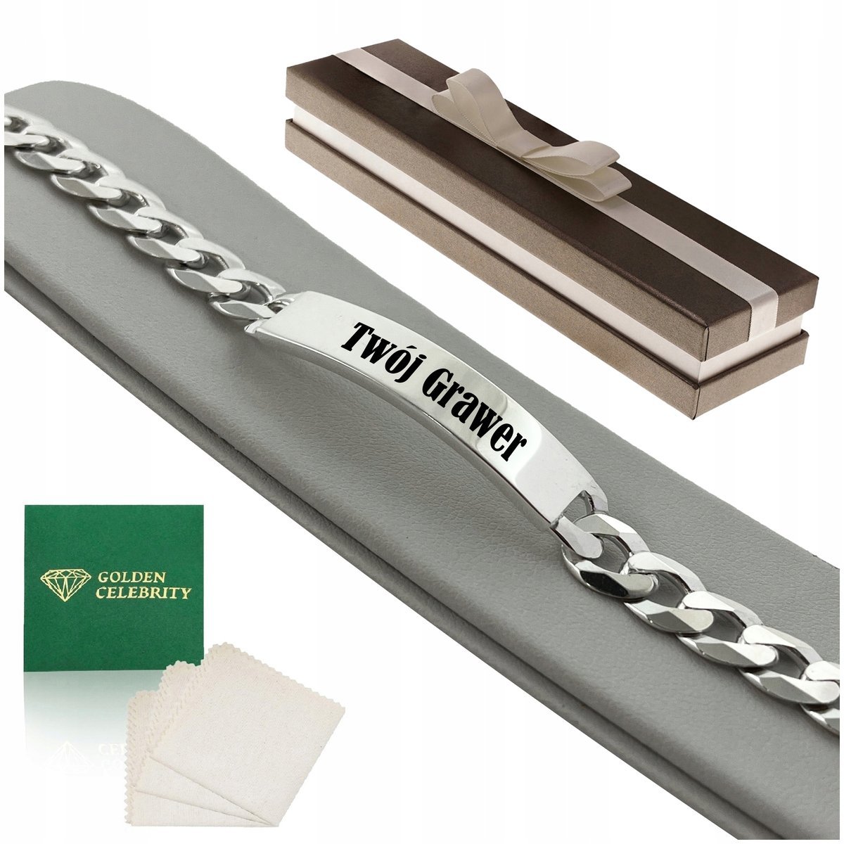 SREBRNA MĘSKA BRANSOLETA 925 PANCERKA Z BLASZKĄ + GRAWER DLA MĘŻA NA ŚWIĘTA