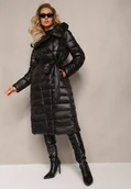 Kurtki damskie - Czarna Długa Kurtka Pikowana z Szerokim Kołnierzem Mizii - miniaturka - grafika 1