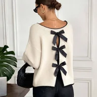 Swetry damskie - TEMU Damski Sweter Oversize z Okrągłym Dekoltem i Kokardą z Tyłu – Jednokolorowa, Casualowa, Elegancka, Luźna Bluzka, Pranie Ręczne, Przytulny Sweter - miniaturka - grafika 1