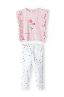 Komplety dla niemowląt - Komplet niemowlęcy - różowa bluzka + białe legginsy w kwiatki - grafika 1