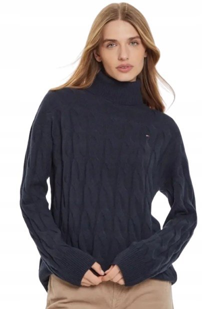 TOMMY HILFIGER GRANATOWY SWETER Z GOLFEM I WARKOCZOWYM SPLOTEM S XQA