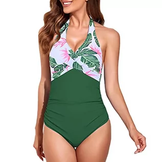 Stroje kąpielowe - Little Hand Damski kostium kąpielowy, trójkąt, dekolt w kształcie litery V, paski, wyszczuplające brzuch, jednoczęściowy, moda kąpielowa, strój kąpielowy, 2-zielony kwiat, M - grafika 1