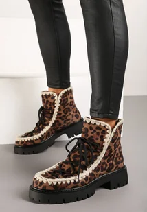 Brązowe Botki z Imitacji Zamszu z Dodatkowymi Sznurówkami Zdobione Haftowanymi Obszyciami i Wzorem w Panterkę Iveledi - Botki damskie - miniaturka - grafika 1