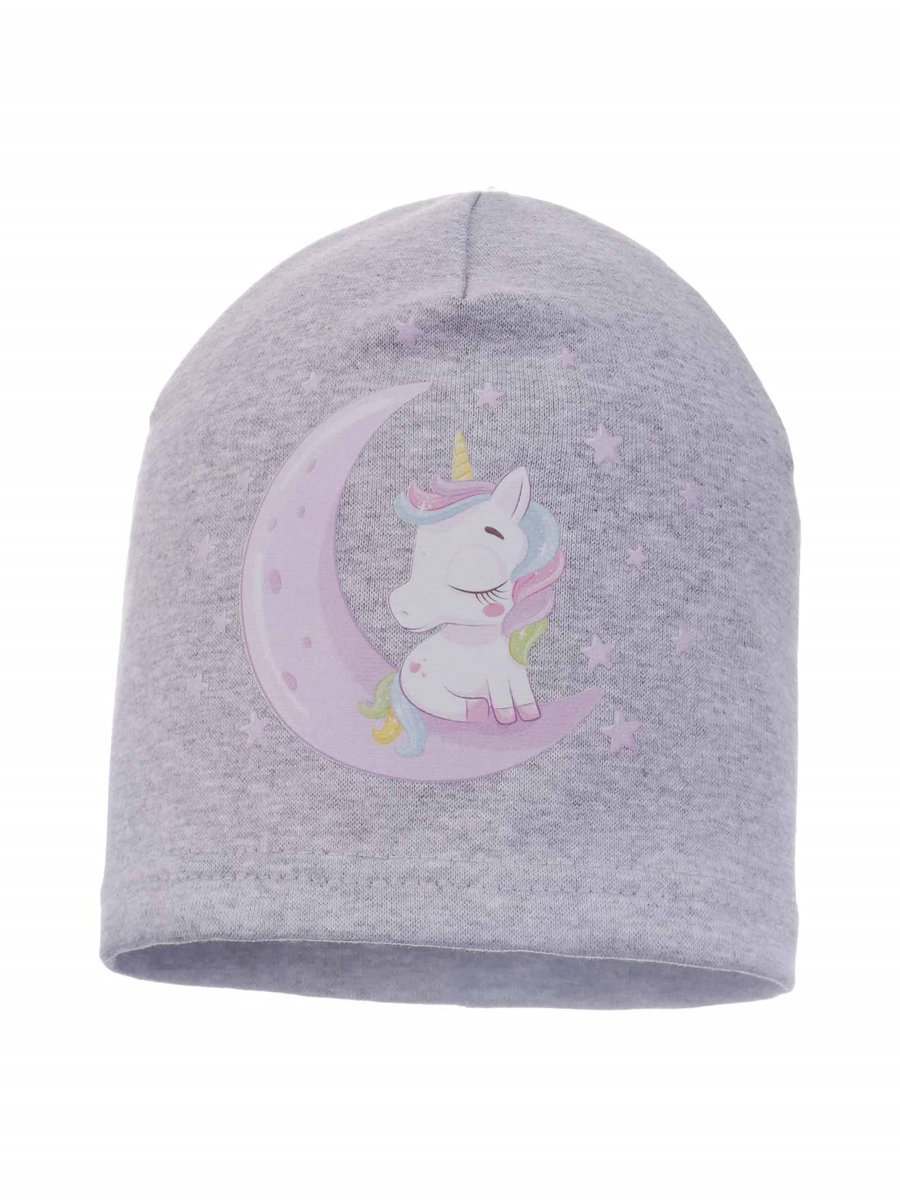 Dziewczęca czapka bawełniana jednorożec na księżycu jasnoszary Ambra r.44/48