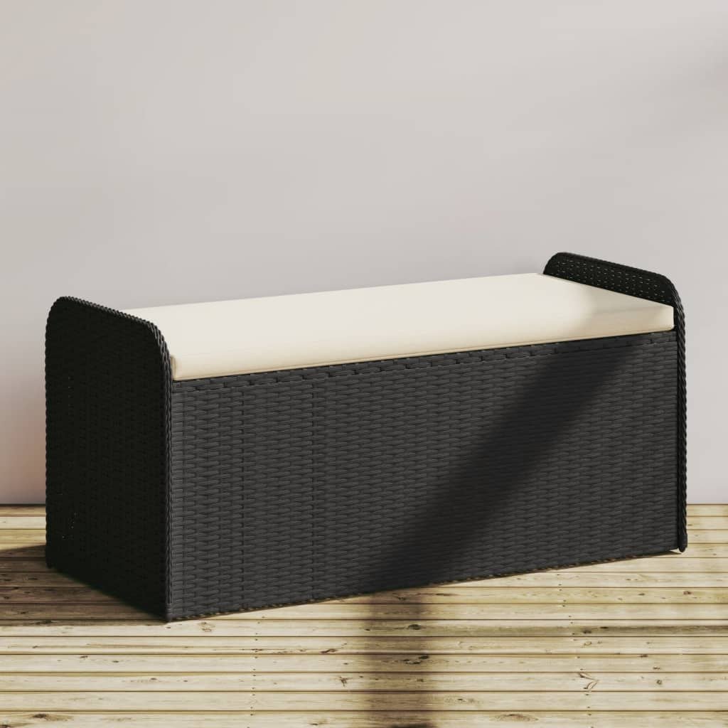 vidaXL Ławka ze schowkiem i poduszką, czarna, 115x51x52 cm, polirattan