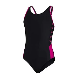 Stroje kąpielowe - Speedo Dziewczęcy kostium kąpielowy Boom Logo Splice Muscleback One Piece Swimsuit Czarny/elektryczny ró$4owy 140 812859B344 - grafika 1