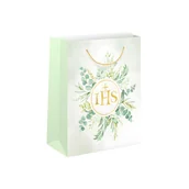 Pamiątka Pierwszej Komunii Świętej - Torebka prezentowa komunijna złote IHS eukaliptus 20cm - miniaturka - grafika 1