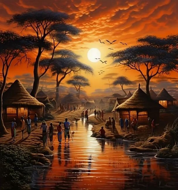 Diamentowa Mozaika Afryka Zachód Słońca W Wiosce No-2001747
