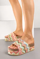 Klapki i japonki damskie - Różowo-Zielone Klapki na Platformie z Plecioną Rafią w Geometryczny Wzór Ciarilane - miniaturka - grafika 1