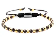 Bransoletki - Modna bransoletka na czarnym sznurku z czarnymi i złotymi kuleczkami - miniaturka - grafika 1
