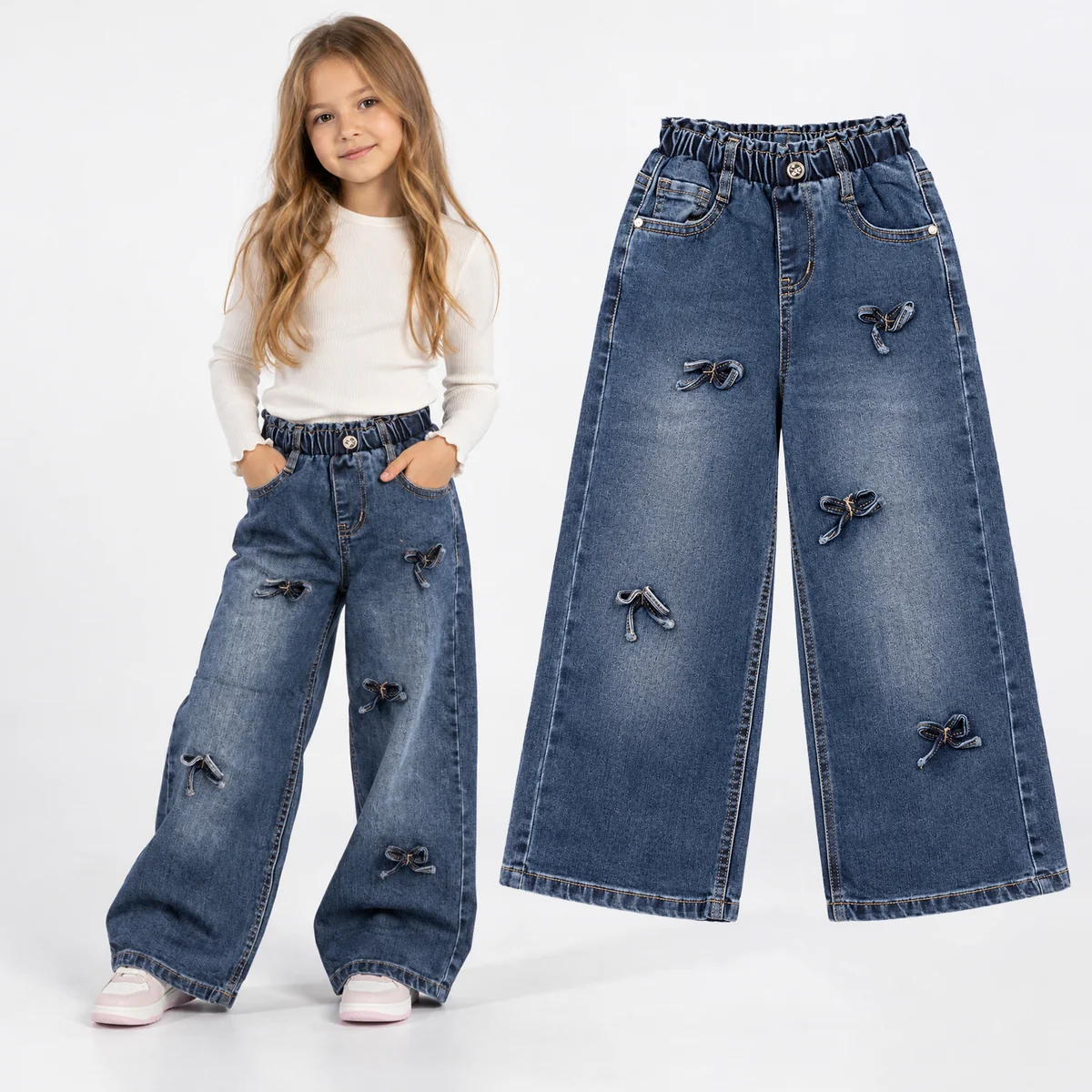 Jeansy Dziewczęce Szerokie z Kokardkami Wysoki Stan Denim Niebieskie 5