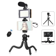 Selfie stick - Zestaw do vlogowania na smartfonie, elastyczny statyw + mikrofon kardioidalny + wysuwany klips na telefon + dwukolorowe światło LED z regulacją jasności do nagrywania vlogów na żywo, selfie z wideokonferencji - miniaturka - grafika 1