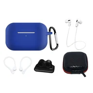Akcesoria do słuchawek - Zestaw silikonowe etui AirPods Pro 2 / AirPods Pro 1 + futerał / zaczep na ucho / pasek na szyję / uchwyt na pasek zegarka / karabińczyk | niebieskie - miniaturka - grafika 1