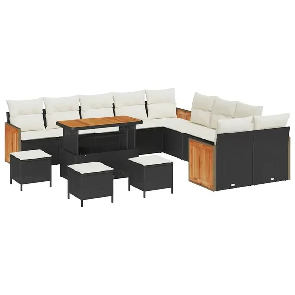 Zestaw Sofa Ogrodowa dla 6 Osób, Polirattan, Czarno-Kremowy, Prostokątny