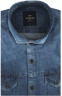Koszule męskie - Koszula Męska Jeansowa Dżinsowa gładka niebieska z długim rękawem w kroju SLIM FIT Redpolo B008 - grafika 1