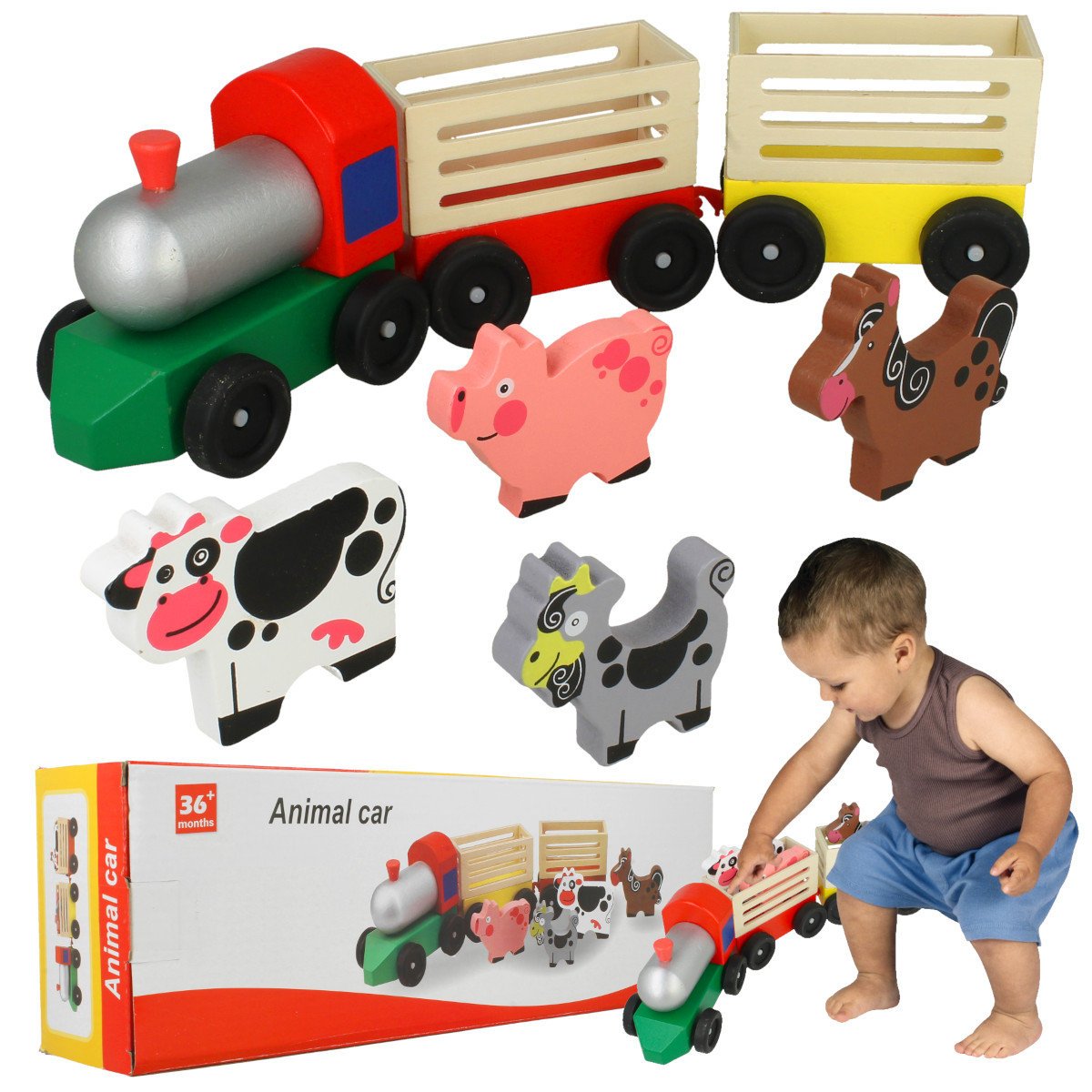 Drewniana Kolejka Ciuchcia Lokomotywa Wagoniki + Zwierzęta Krowa Koń