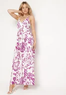 Sukienki - Fioletowo-Biała Sukienka na Regulowanych Ramiączkach z Gumkami na Plecach Ściągana Troczkiem Harnela - miniaturka - grafika 1