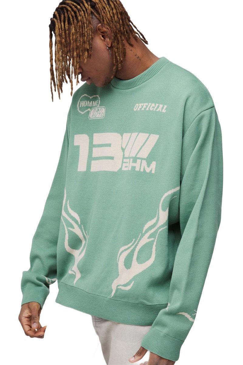 BOOHOOMAN MĘSKI SWETER WZÓR NAPISY I PŁOMIENIE OKRĄGŁY DEKOLT M Z3A*