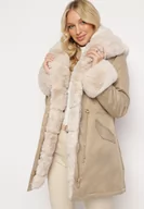Kurtki damskie - Beżowa Kurtka Parka z Futerkiem i Kapturem Aresja - miniaturka - grafika 1