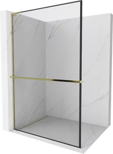 Mexen Kioto+ L ścianka prysznicowa z półką Walk-in 80 x 200 cm, czarny wzór, złota - 800-080-123-50-70 - Ścianki i drzwi prysznicowe - miniaturka - grafika 1