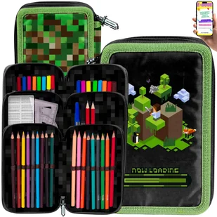 PIÓRNIK MINECRAFT 3 KOMORY Z WYPOSAŻENIEM – GAMINGOWY ZESTAW SZKOLNY DLA GRACZA – PIKSELE, KREDKI, FLAMASTRY + EBOOK - Piórniki - miniaturka - grafika 1