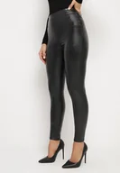Legginsy - Czarne Legginsy z Ekoskóry z Guzikami Wysokim Stanem i Gumką w Talii Sintheria - miniaturka - grafika 1