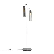 Lampy stojące - QAZQA Nowoczesna lampa podłogowa czarna z przydymionym szkłem 2 światła - Stavelot - miniaturka - grafika 1