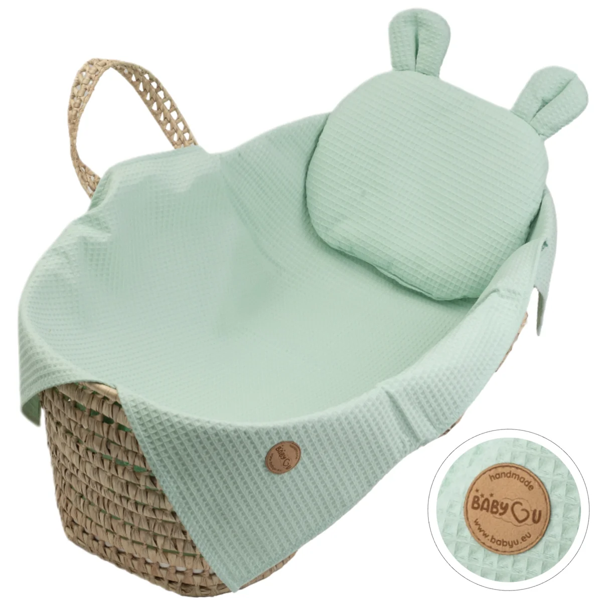 BabyU, Zestaw kocyk letni i poduszka z uszkami sensorycznymi dla niemowląt przewiewny bawełna 75x100 cm BALOO MINT