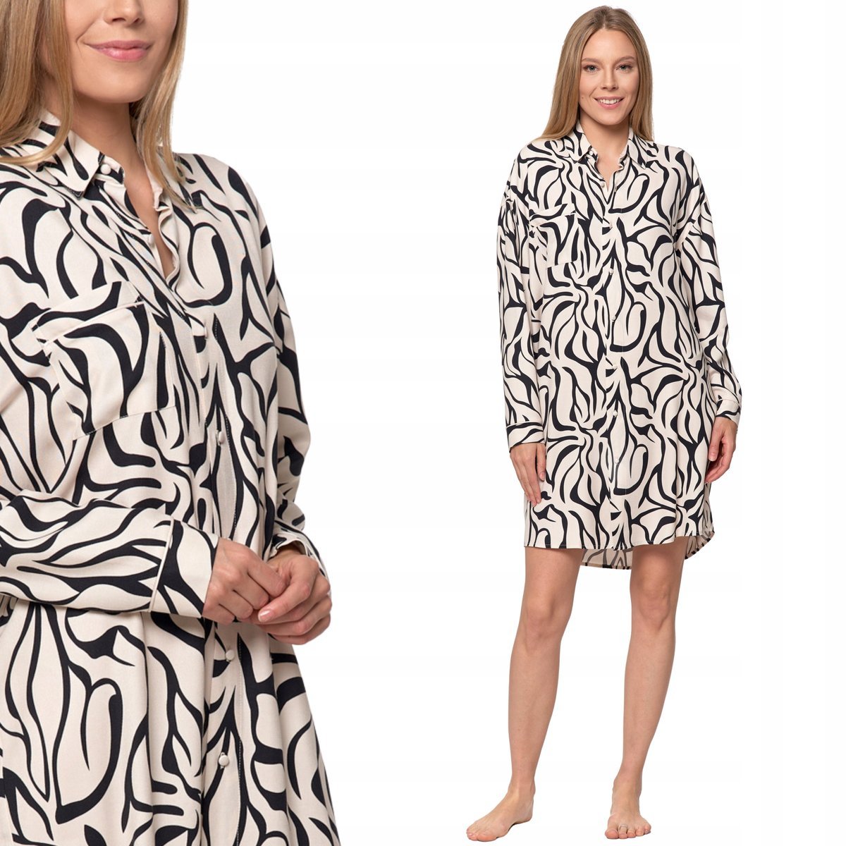 ZAPINANA KOSZULA NOCNA WISKOZOWA PIŻAMA DAMSKA Z DŁUGIM RĘKAWEM MORAJ L PATT1