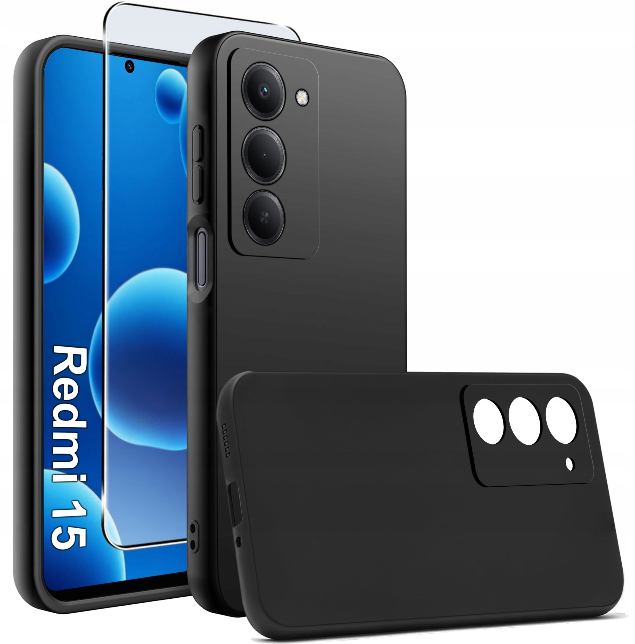 krainaGSM Etui Czarny Matowy Silikon Slim do Xiaomi Redmi 15 4G 5G + SZKŁO 9H