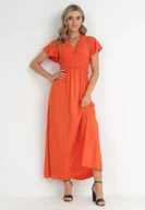 Sukienki - Pomarańczowa Kopertowa Sukienka z Wiskozy z Gumką w Pasie Neroni - miniaturka - grafika 1