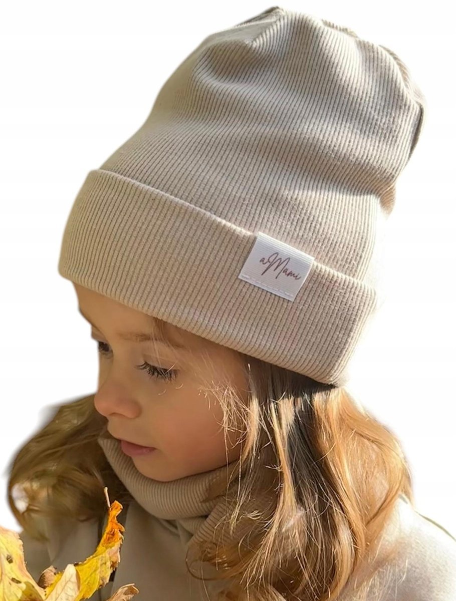 aMami Czapka i komin prążek przejściowy BEŻOWY komplet RÓŻNE ROZMIARY