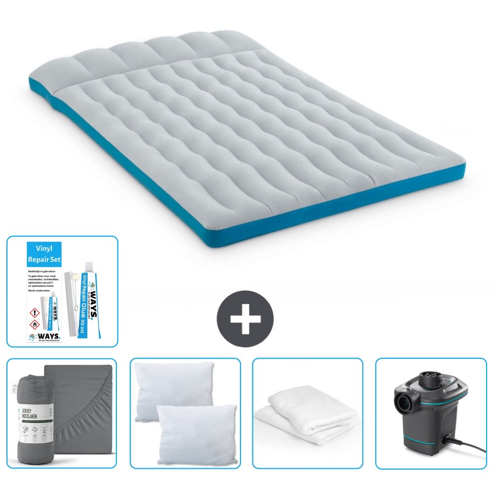 Mata kempingowa Intex - 2 osoby - 127 x 193 x 24 cm - niebieska - w zestawie prześcieradło - buziak - pompka - zestaw naprawczy en ochraniacz na poduszkę